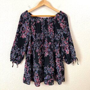Roz & Ali Size 1X Women Black Floral Boho Off Shoulder Smocked Stretchy Top